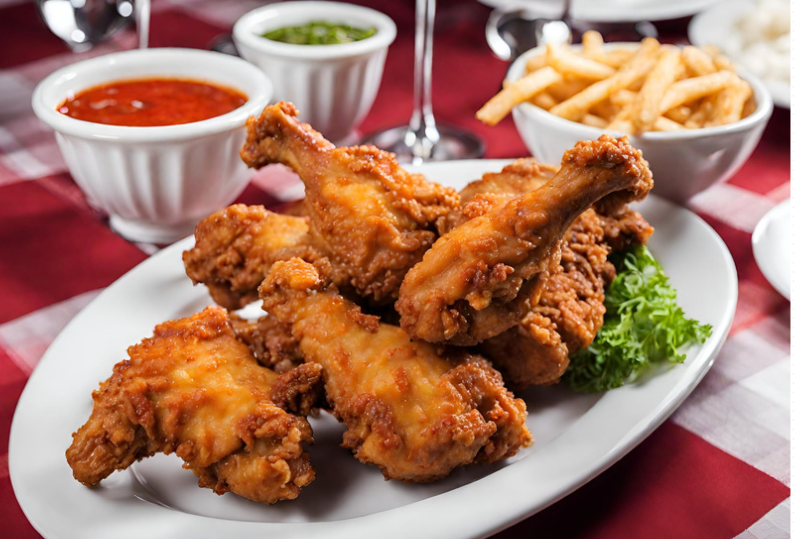 A plate with a generous pile of fried chicken wings and legs is pictured. To the right in the background there are two dipping sauces. To the left in the background there is a bowl of fries.