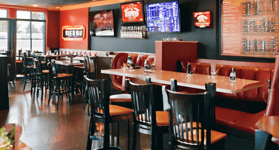The interior of one of our locations is pictured. There is a dark orange wall and a black accent wall. Along the black wall, there are several TVs featuring different channels that are streaming different sport games. There are several booth tables along the black wall.